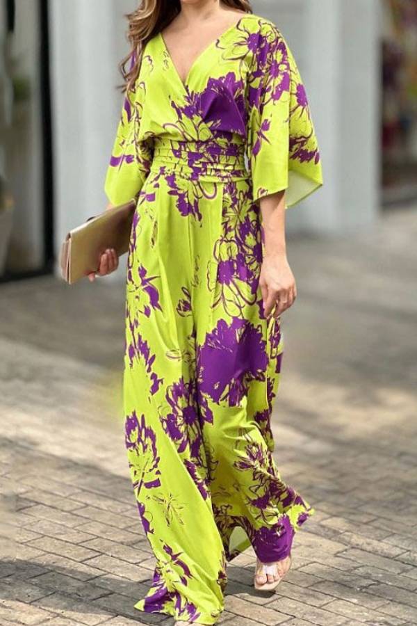 Dolman Sleeved Print Stretch High Rise Maxi Jumpsuit