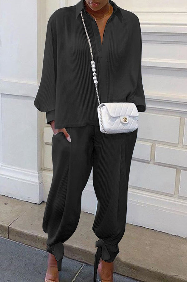 Shirt Collar Stripe Side Pocket Top Pant Set