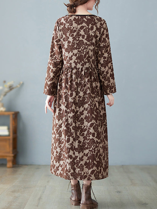 Artistic Retro Ramie Cotton Printed Pleated Round-neck Long Sleeves Midi Dress