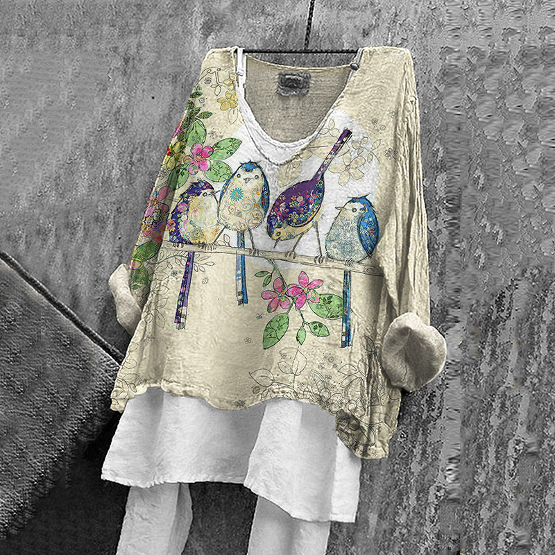Women's Vintage Birds And Floral Pattern Comfortable Shirt elevenforest