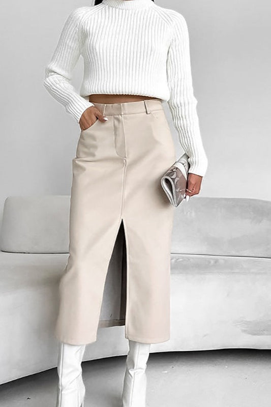 Faux Leather Fleece High-slit Skirt