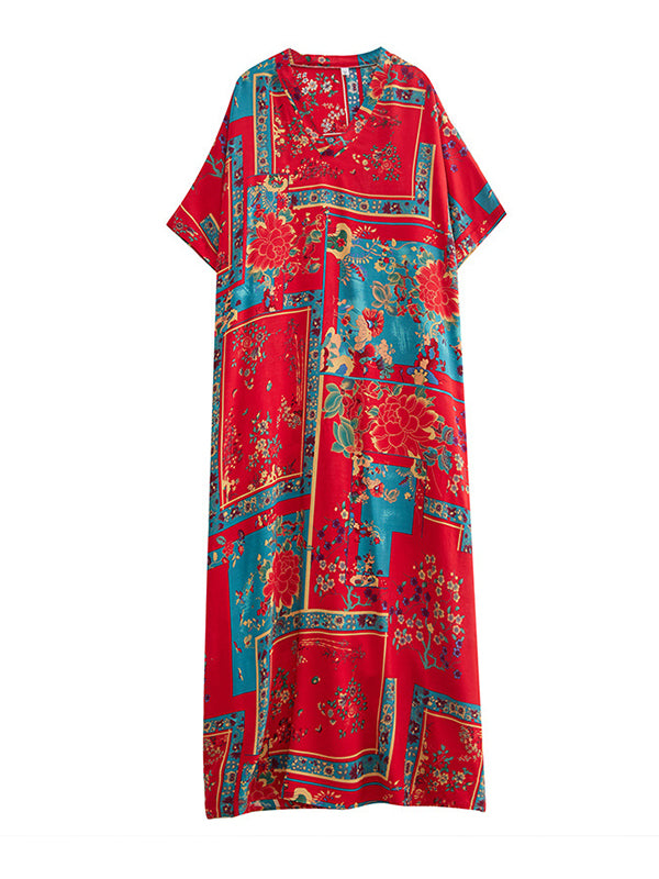 Loose Short Sleeves Printed Multi-colored V-neck Maxi Dresses
