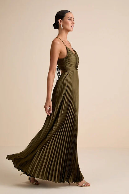 Olive Green Maxi Dress - Open Back Dress- Pleated Satin Dress - Lulus