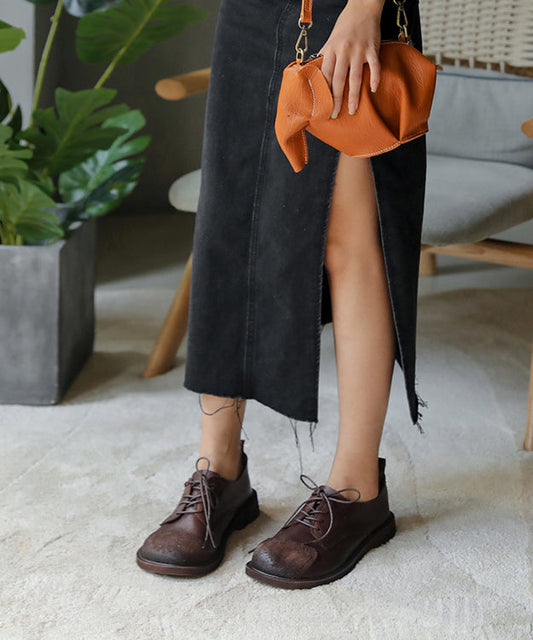 Retro Splicing Flat Shoes for Lace Up Chocolate Cowhide Leather Flat Shoes