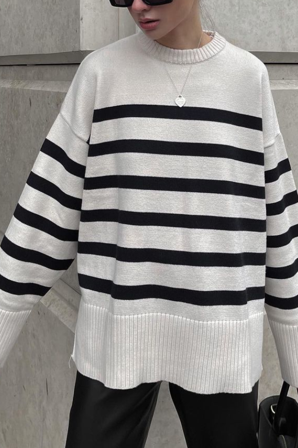 Striped Long Sleeve Crew Neck Pullover Knitted Sweater