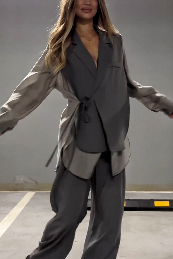 And Chiffon Patchwork Irregular Lace-up Jacket and Pocketed Straight-leg Pants Set