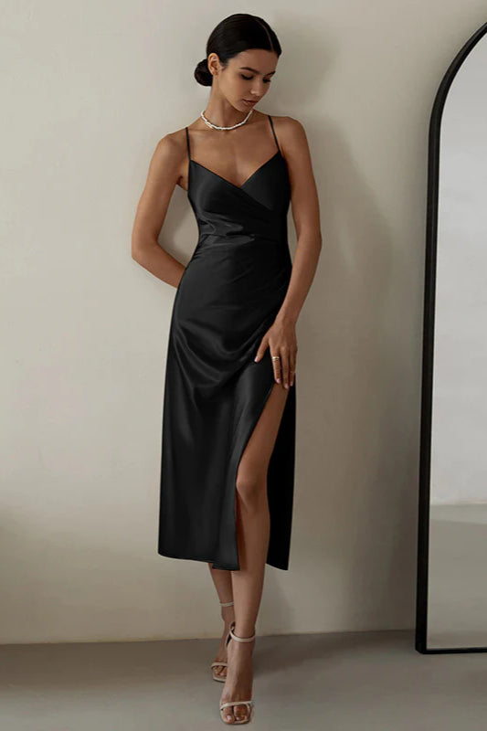 Satin V-neck Ruched Waist Cami Bodycon Maxi Dress
