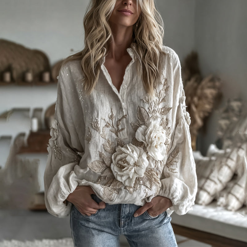 Women's Vintage Floral Art Casual Button Shirt elevenforest