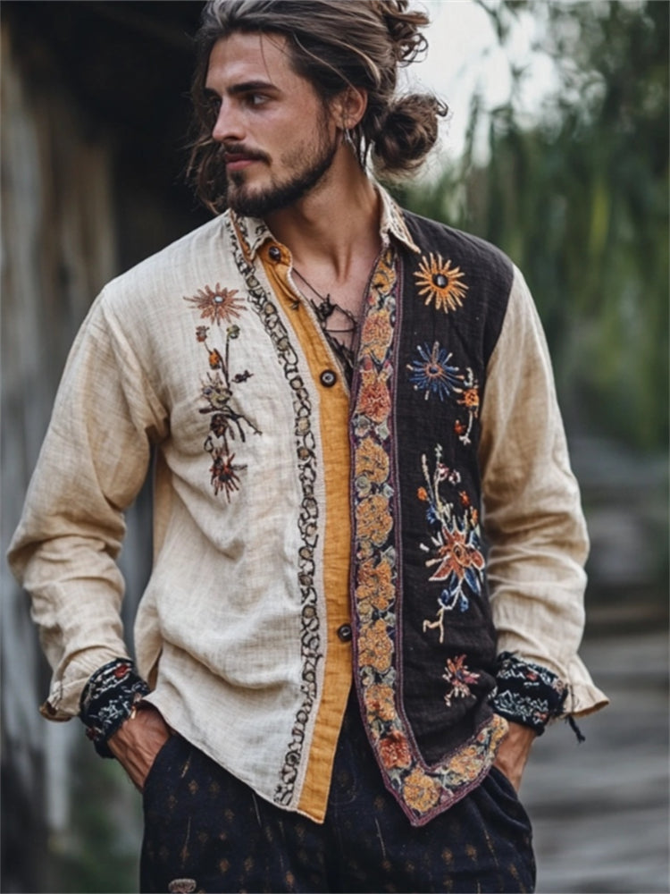 Men's Boho Hippie Floral Embroidered Contrast Linen Blend Shirt elevenforest