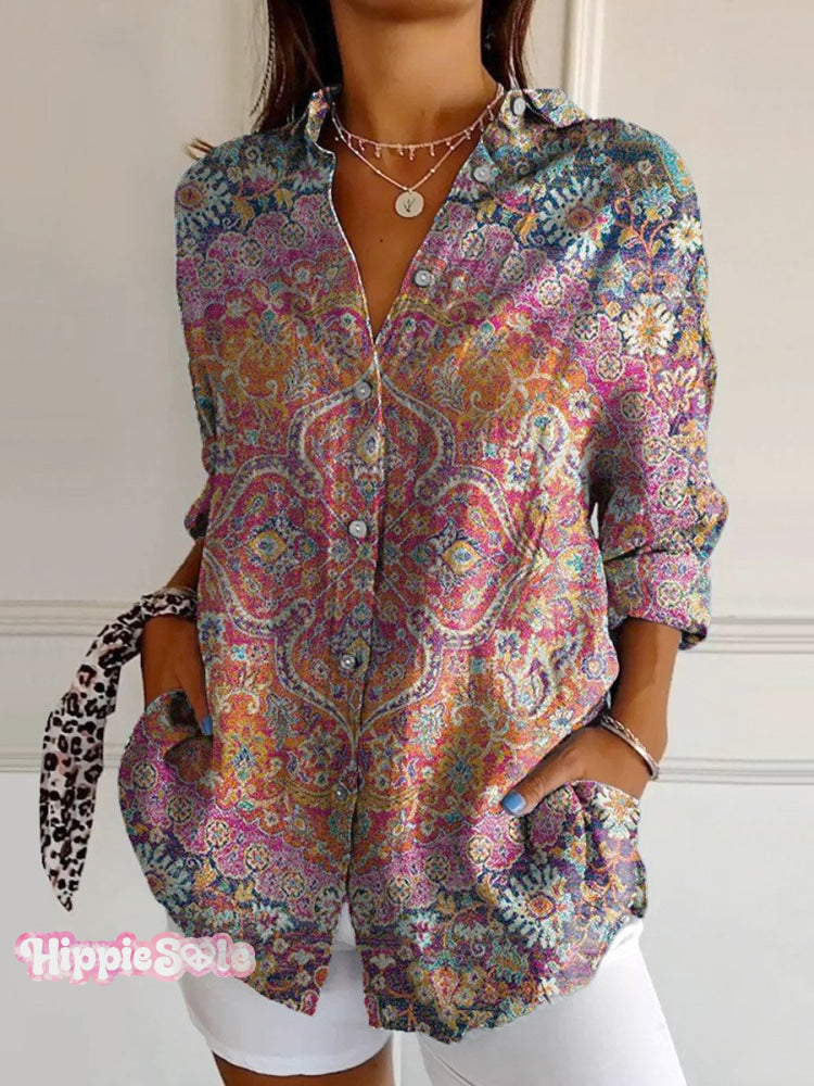 Women's Vintage Colorful Floral Totem Print Casual Cotton Shirt