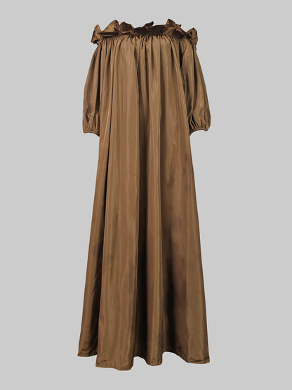 Loose Puff Sleeves Falbala Pleated Color Off-the-shoulder Maxi Dresses