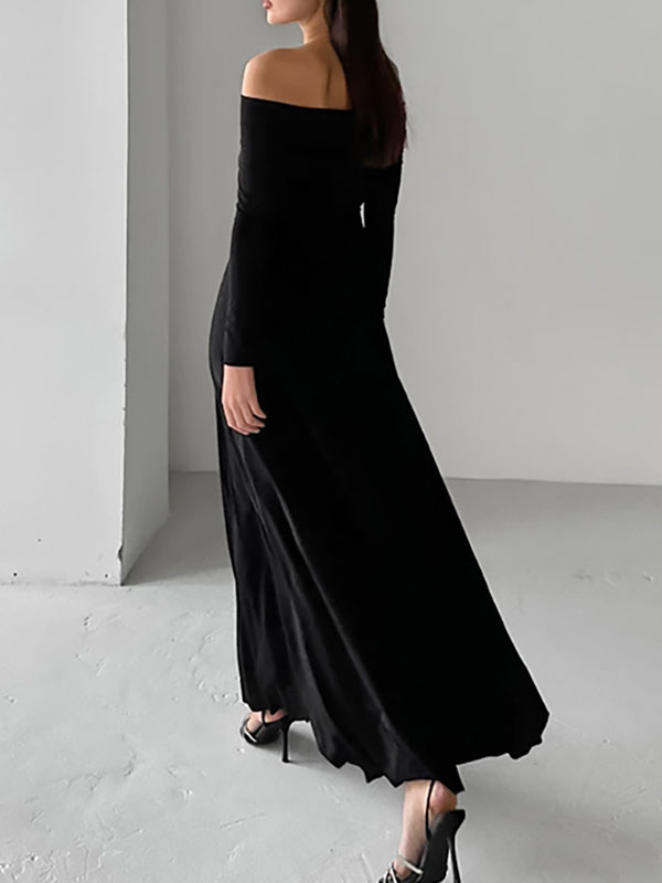 High Waisted Long Sleeves Color Off-the-shoulder Maxi Dresses