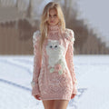 Comstylish Women's Cute White Cat Rose Pattern Knit Turtleneck Sweater Mini Dress
