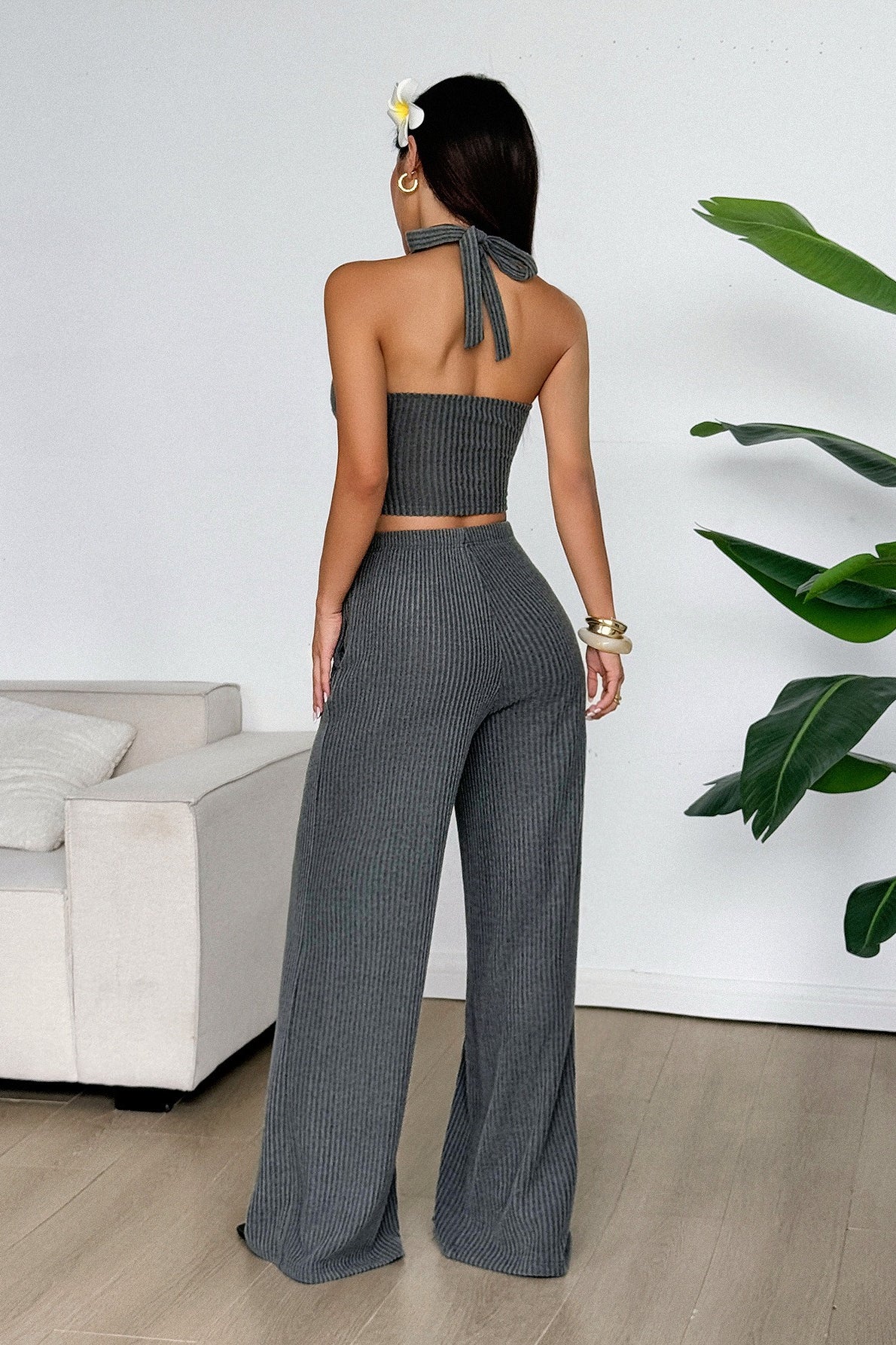 Color Halter Tank Top Straight Leg Pants Set