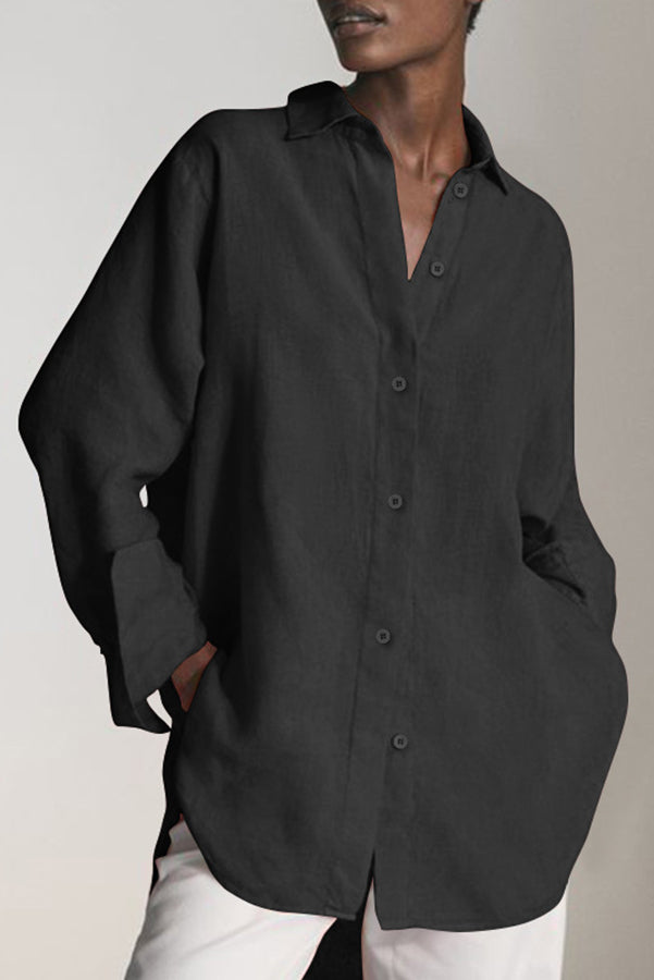 Reality Calling Linen Blend Button Long Sleeve Loose Blouse