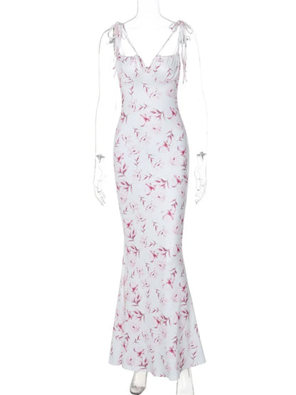 Summer Printed Halter Dresses Female Slim Backless Contrast Lace-up High Waist Maxi Dress Clothes