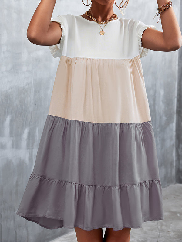 Loose Ruffle Sleeves Contrast Color Falbala Pleated Split-joint Round-neck Mini Dresses