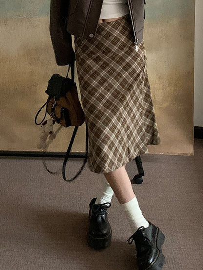 Brown Low Waist Checkered Midi Skirt