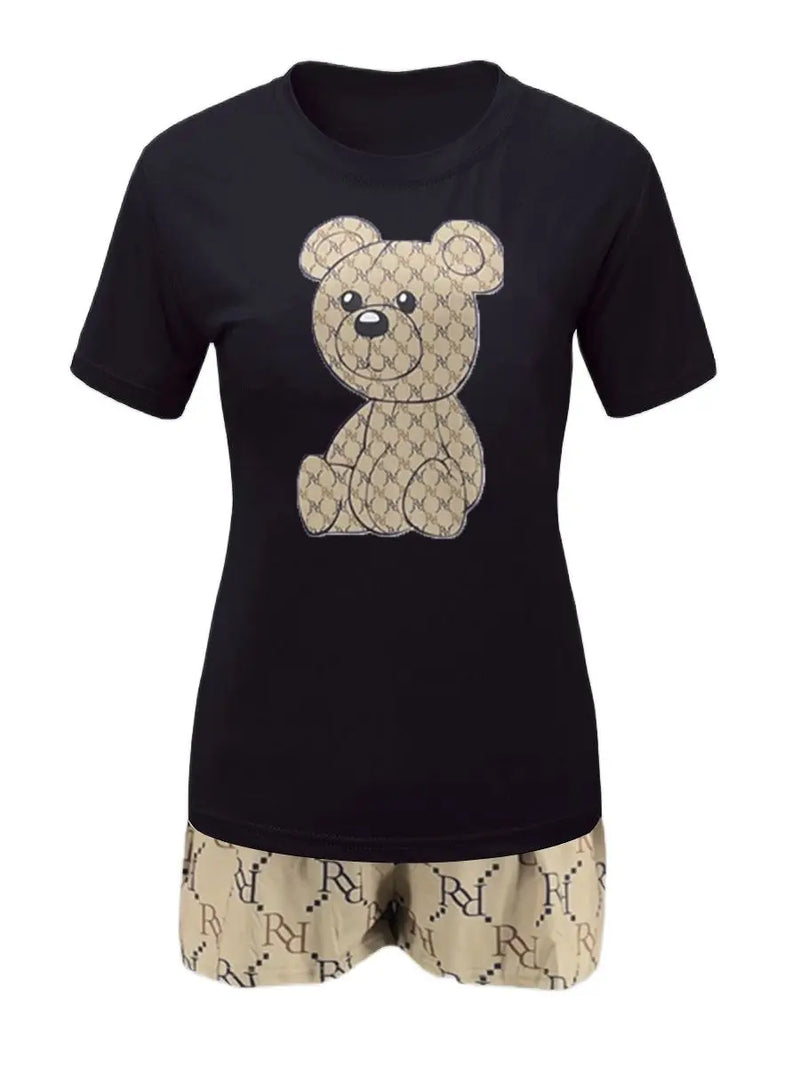 Geometric Bear Print Shorts Set O Neck Short Sleeve T-shirt Mixed Print Hipster Bottoms 2pcs /