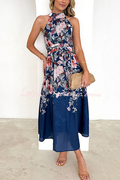 Print Halterneck Tie Zip Smocked Maxi Dress