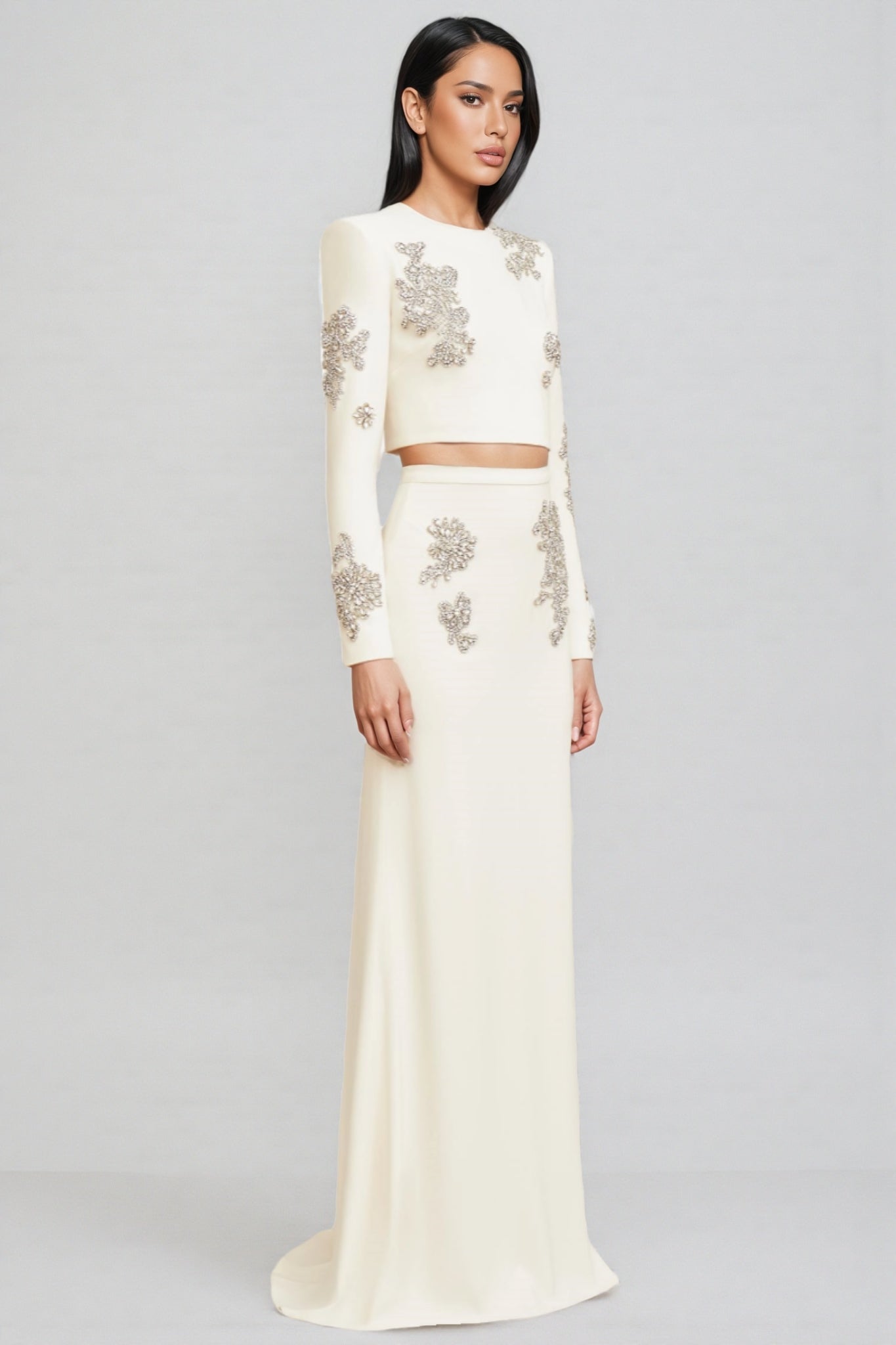 Sebast White Diamond-studded Maxi Dress Set