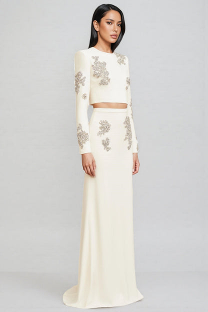 Sebast White Diamond-studded Maxi Dress Set