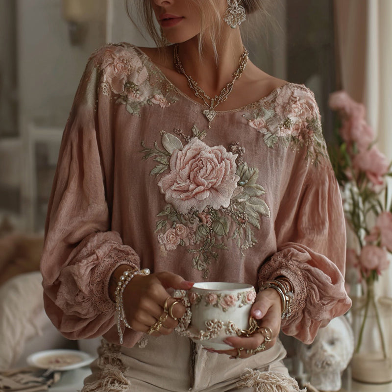 Women's Bohemian Floral Pattern Linen Crew Neck T-shirt elevenforest