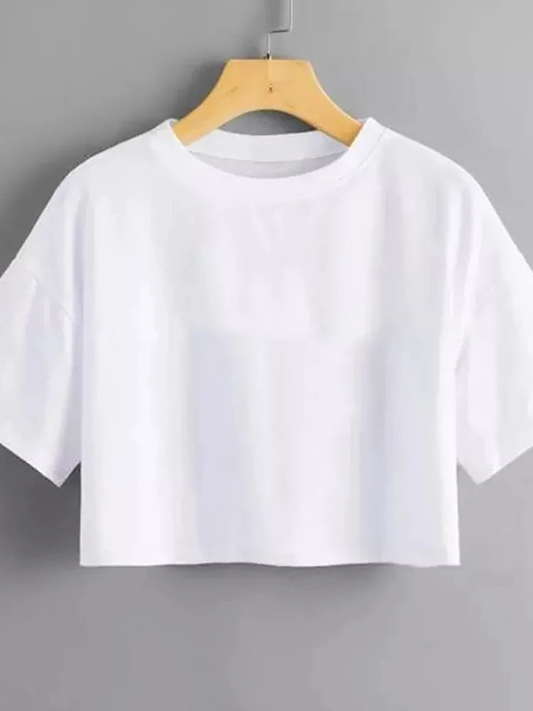 Harajuku Shirt Funny Y2k Crop Tops Black Femme Navel T-shirt Round Neck Short Loose Tee Shirt Summer