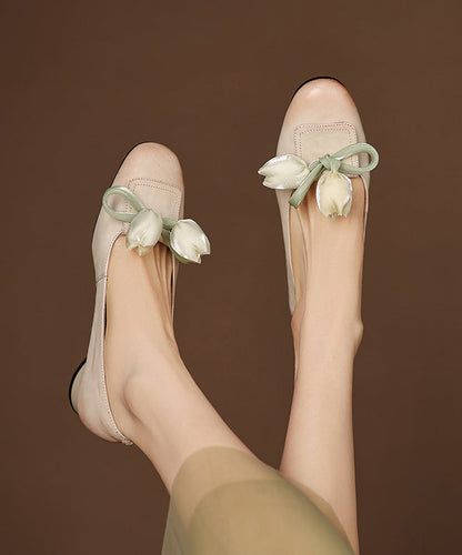Green Bow Splicing Cowhide Leather Flat Shoes