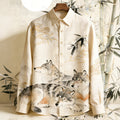 Men's Vintage Wolf With Bamboo Ink Art Painting Art Linen Shirt elevenforest