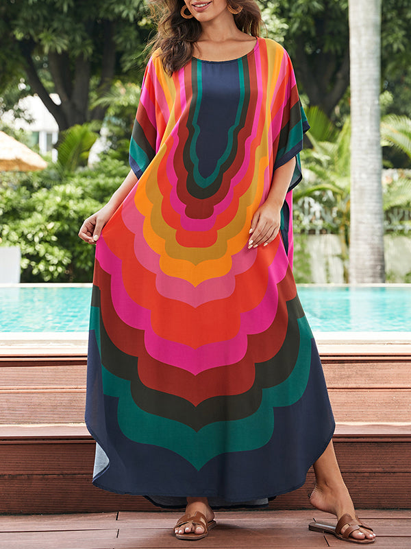 Batwing Sleeves Loose Contrast Color Printed Sun Protection Round-neck Maxi Dresses