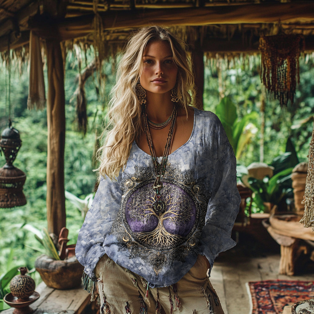 Women's Viking Style Tree Of Life Art Linen Casual T-shirt elevenforest
