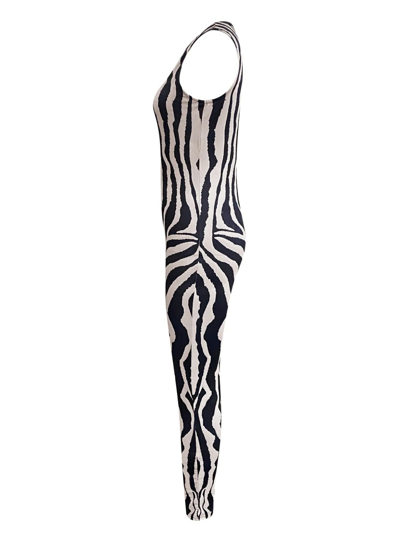 Striped Zipper Design Cami Jumpsuit – Fashionable Vine Round Neck Tight Sleeveless Jumpsuit for Sportswear