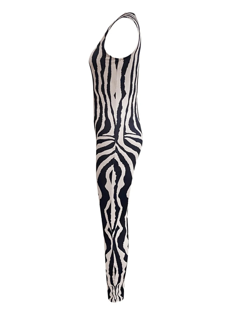 Striped Zipper Design Cami Jumpsuit – Fashionable Vine Round Neck Tight Sleeveless Jumpsuit for Sportswear