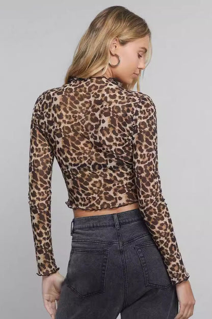 Mesh Leopard Print Stand-collar Long-sleeve Blouse