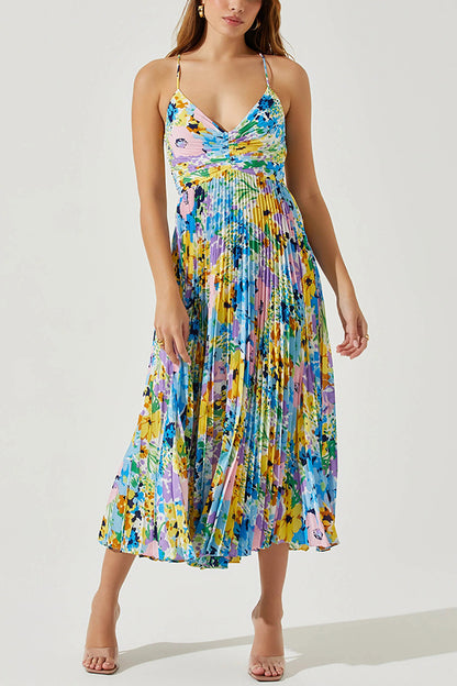 Wedding Party Season Print Pleated Back Tie-up Midi Dress