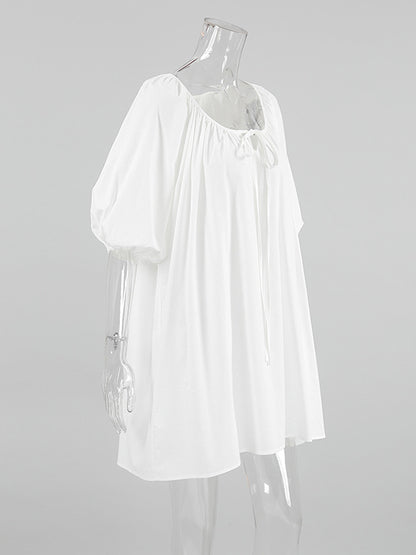 Loose Puff Sleeves Lace-up Pleated See-through Color V-neck Mini Dresses Sleep Dress