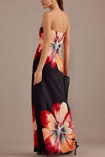 Charming Lady Satin Print Bandeau Loose Maxi Dress