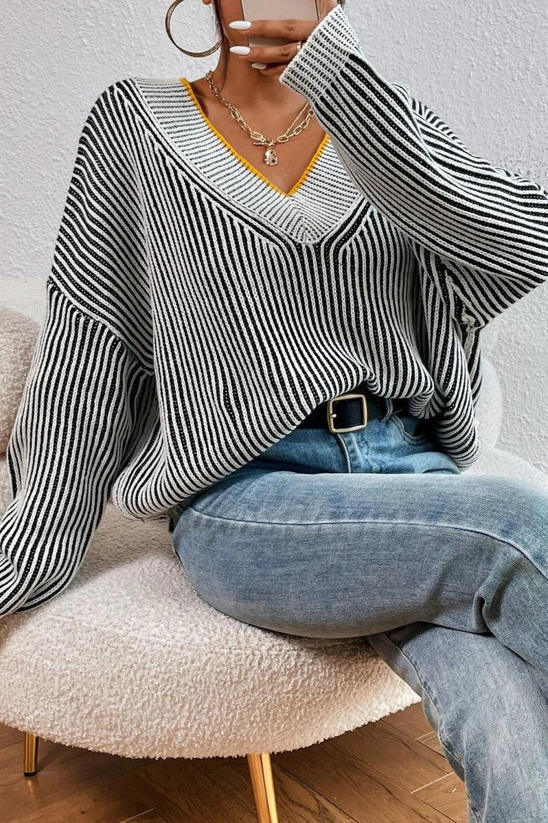 Striped Colorblock V-neck Batwing Sweater