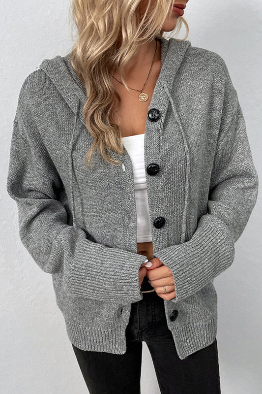 Color Hooded Button Drawstring Knit Cardigan