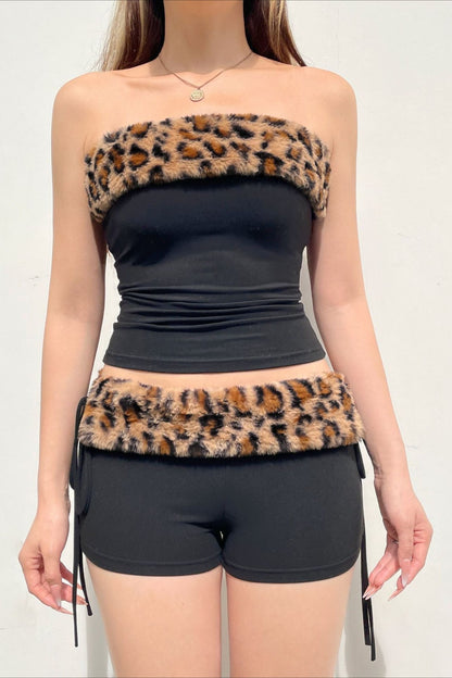 Leopard Fleece Tube Tank Drawstring Two Piece Set