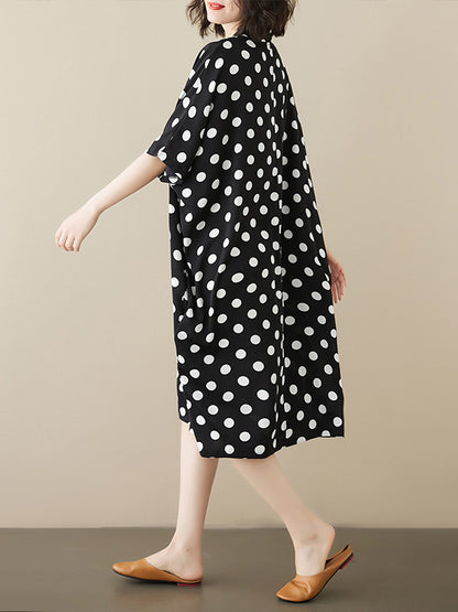 Loose Short Sleeves Polka-dot V-neck Midi Dresses