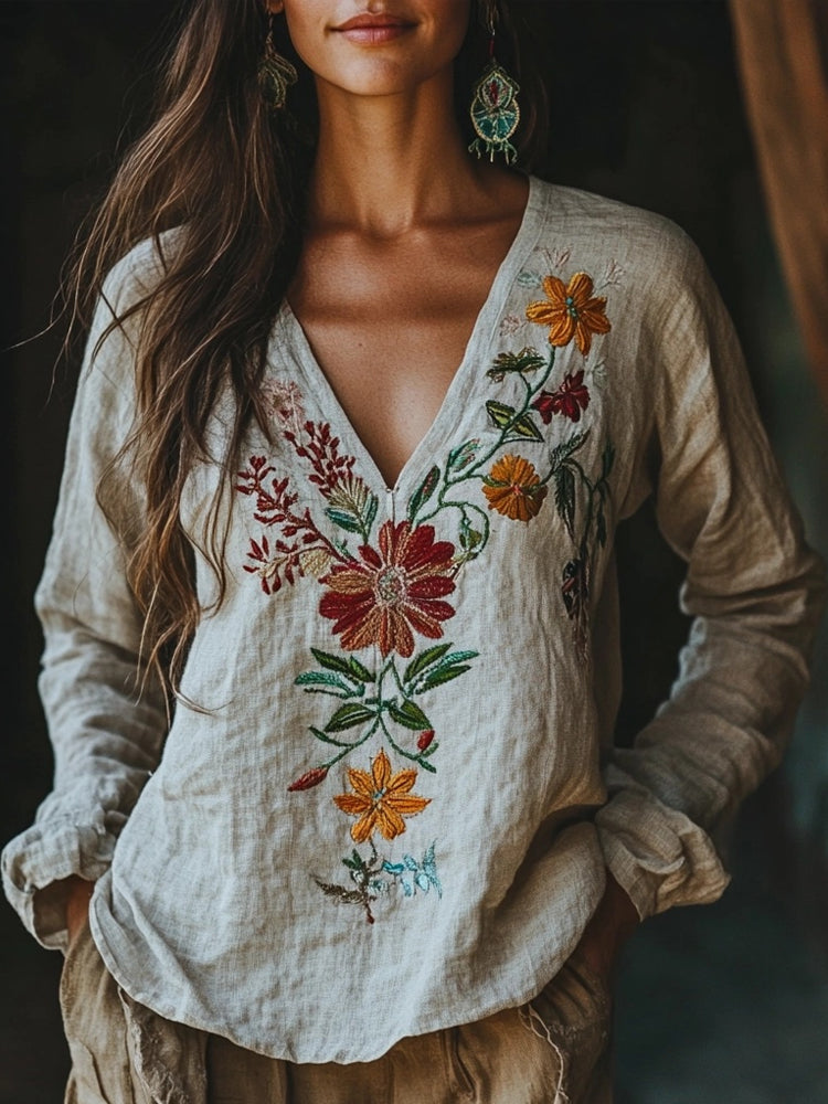 Retro Bohemian Floral Embroidered Linen Blend Cozy Shirt elevenforest