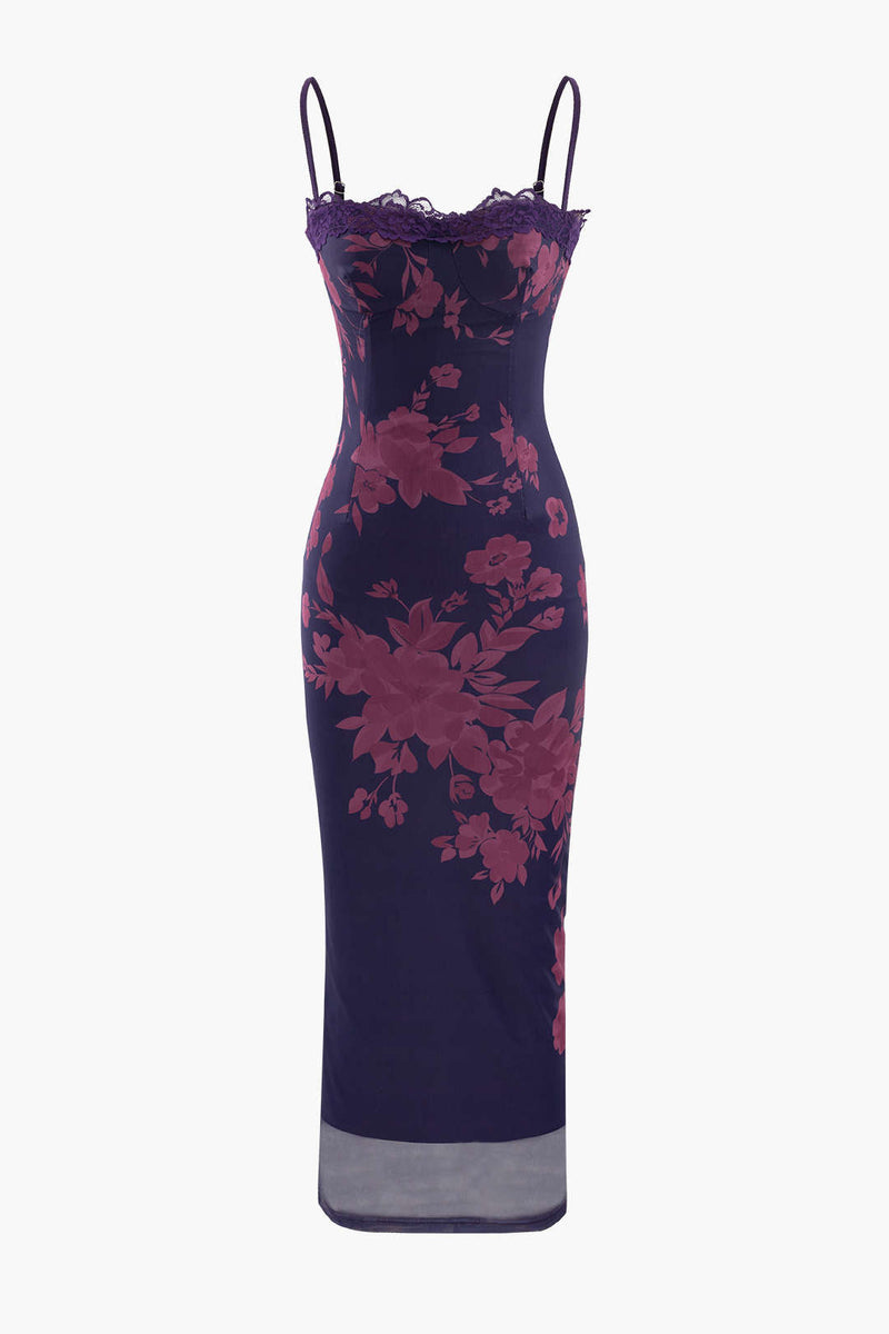 Lace Trim Slit Maxi Dress With Print