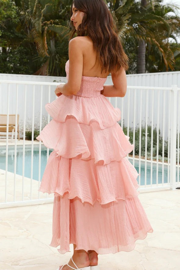 Strapless Backless Ruffle Tiered Midi Dress