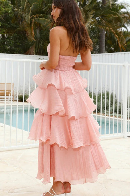 Strapless Backless Ruffle Tiered Midi Dress