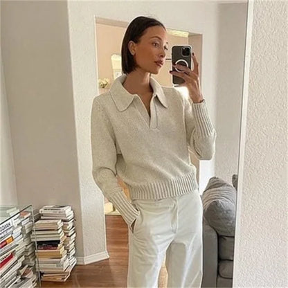’s Long Sleeves V-neck Knitted Sweater Loose Pullover Autumn Winter Sweatshirts Female Jumper