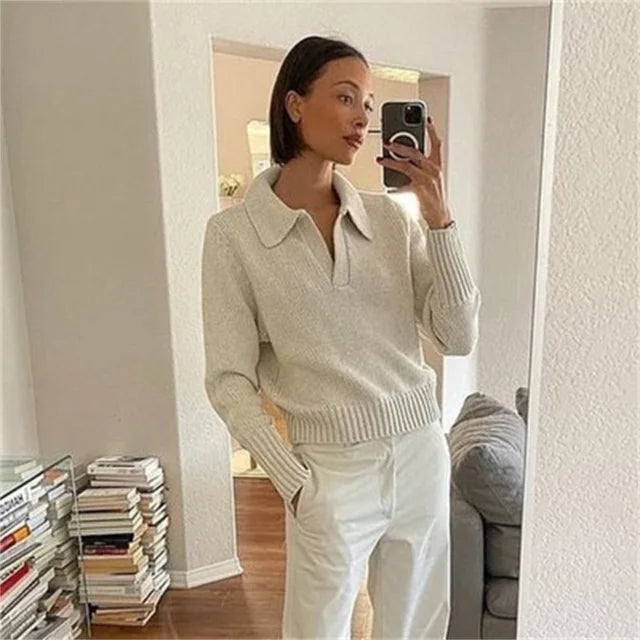 ’s Long Sleeves V-neck Knitted Sweater Loose Pullover Autumn Winter Sweatshirts Female Jumper