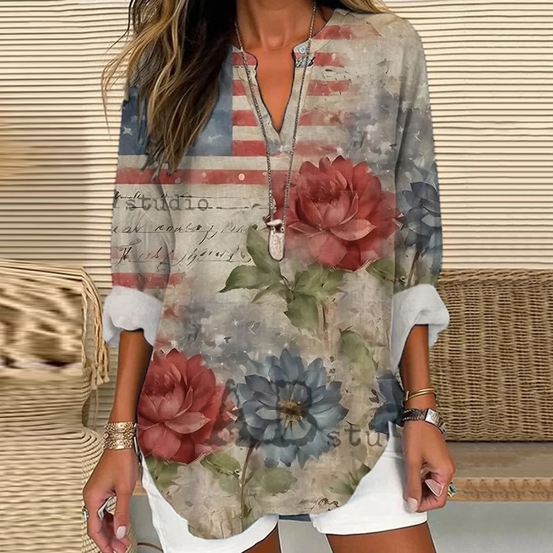 Comstylish Women's Independence Day Retro Art Floral Casual Print Casual  Shirt