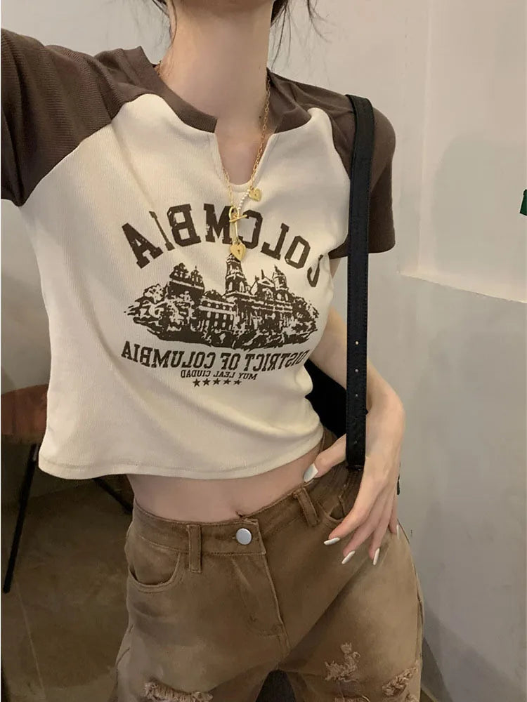 Printed T-shirts Slim V-neck Crop Top Y2k Aesthetic Short Sleeve Grunge Tee Korean Version Pullovers